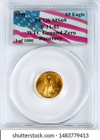 Dallas, Texas - Aug.14,2019  A 1999 Five Dollar Gold Eagle Coin Found In The Rubble Of The World Trade Center Ground Zero. It Was Recovered From The Basement Of The WTC Tower One In NewYour City.