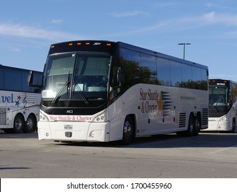 Dallas, Texas- December 2018: Charter Buses On Standby For Tourists In Dallas, Texas.