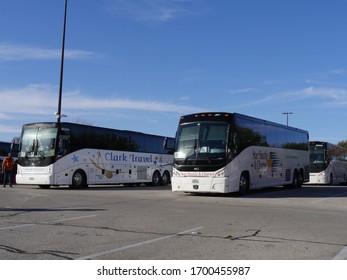 Dallas, Texas- December 2018: Wide Shot Of Tourist And Charter Buses On Standby For Tourists In Dallas, Texas.