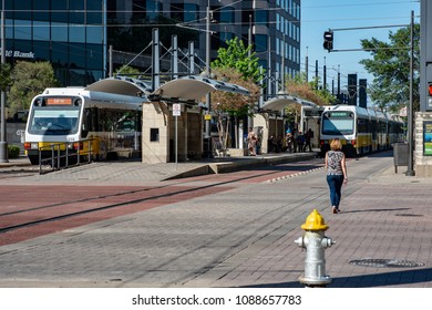 Dallas, Texas - May 7, 2018: The Dallas DART Light Rail Train Drives Through Dallas, Texas