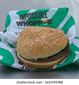 Dallas, Texas / United States - January 31, 2020: An Unwrapped Impossible Burger, A New And Innovative Vegan Hamburger That Contains No Meat And No Dairy.