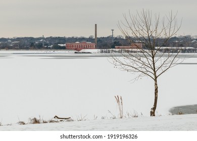 Dallas, Texas \ USA 02-17-2021 A View Of The Pump House And Filter Building From Across White Rock Lake In Dallas Texas During The 2021 Winter Storm