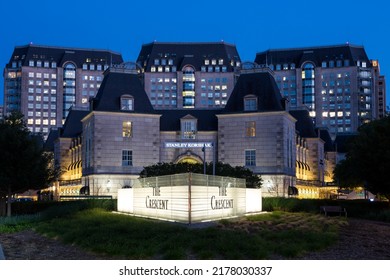 Dallas, Texas, USA - April 30th, 2022: Street View At The Luxury Crescent Court Hotel Exterior Night	
