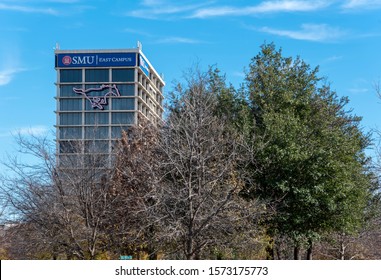 Dallas, Texas, USA December 22 2018. SMU East Campus Building Complete With Mustang Symbol On The Side