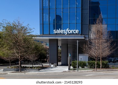 Dallas, Texas, USA - March 20, 2022: The entrance to Salesforce office building in Dallas, Texas, USA. Salesforce, Inc. is an American cloud-based software company. 