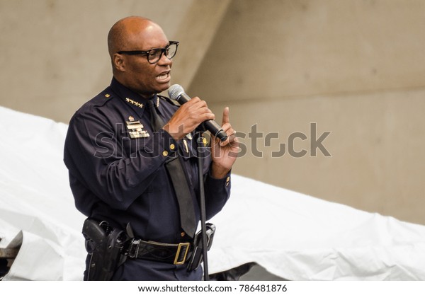 Dallas, Texas / USA - March 23, 2013:
Dallas Police Chief David Brown, Speaking at the Mayor Mike
Rawlings of Dallas Rally Against Domestic
Violence.