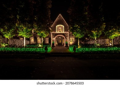 Dallas, Texas, USA - November 20, 2021: Highland Park District Private House In Christmas Lights