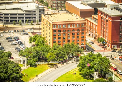 Dallas, Texas, USA-06 July 2019 : Dallas Cityscape Building With Blue Sky On A Sunny Day. The Sixth Floor Museum At Dealey Plaza Where Kennedy Was Shot