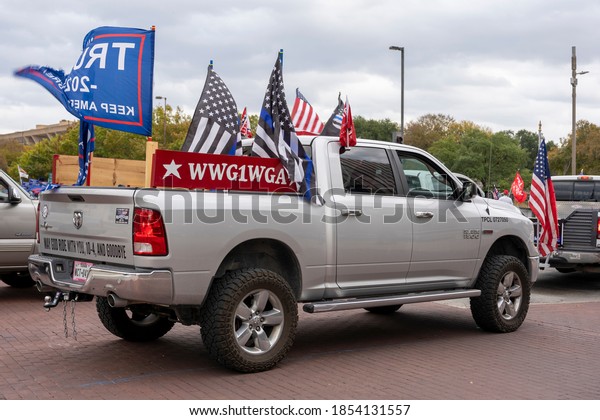Dallas,\
Texas/United States - November 14 2020\
\
Truck with different\
flags during the Million Maga March in\
Dallas.