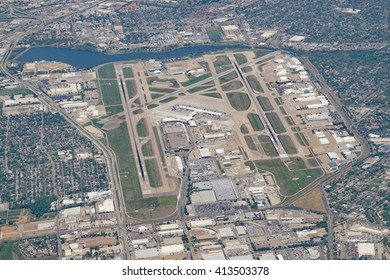 DALLAS, TX- 1 APRIL 2016- Aerial view of the Dallas Love Field (DAL) airport, location of the corporate headquarters of Southwest Airlines.