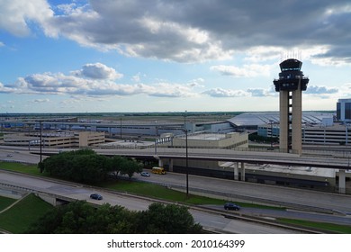 DALLAS, TX -17 MAY 2021- View of the control tower at the Dallas Fort Worth International Airport (DFW), the largest hub for American Airlines (AA).