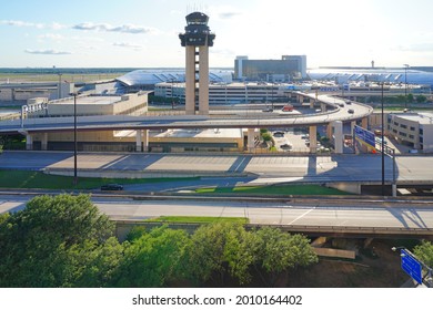 DALLAS, TX -17 MAY 2021- View of the control tower at the Dallas Fort Worth International Airport (DFW), the largest hub for American Airlines (AA).
