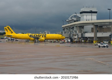 DALLAS, TX -18 MAY 2021- View of yellow airplanes from low-cost Spirit Airline (NK) at the Dallas Fort Worth International Airport (DFW).