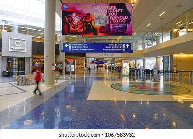 DALLAS, TX -28 MAR 2018- Inside view of the terminal at the Dallas/Fort Worth International Airport (DFW), the largest hub for American Airlines (AA).