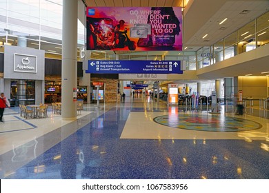 DALLAS, TX -28 MAR 2018- Inside view of the terminal at the Dallas/Fort Worth International Airport (DFW), the largest hub for American Airlines (AA).