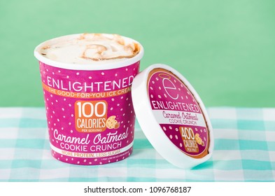 Dallas, TX - May 22, 2018: A Pint Of Enlightened, A High Protein And Fiber, A Low Sugar, Ice Cream, In Caramel Oatmeal Cookie Flavor.