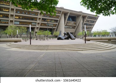 Dallas, TX / USA - 4/3/2018 - Dallas City Hall Is Shown From The Far Side Of The Plaza With The 