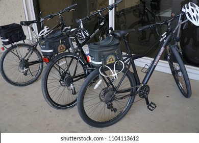 Dallas, TX / USA - 5/6/2018: Three Dallas Police Road Bikes Are Parked Outside Of The Dallas Convention Center.