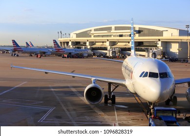 DALLAS, TX, USA - APR 3, 2018: Close Up of American Airlines Airplane on DFW Airport. 