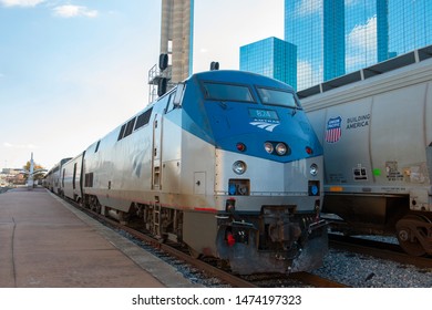 DALLAS, TX, USA - DEC. 9, 2018: Amtrak General Electric GE P42DC Genesis Locomotive In Dallas Union Station, Dallas, Texas TX, USA.