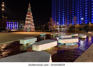 Dallas, TX, USA - December 23, 2013 : Main Street Garden Park At Night Close To Christmas Time.