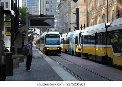 Dallas, TX, U.S.A, June 30, 2022: DART Blue Line Train Pulls Up At St. Paul Station In Downtown Dallas.