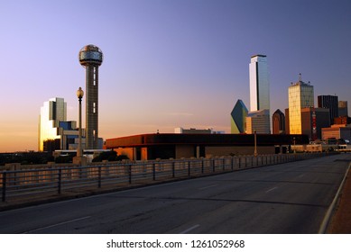 Dallas, TX, USA May 19 The Dallas Skyline Reflects The Setting Sun, As Seen From The Commerce Street Bridge