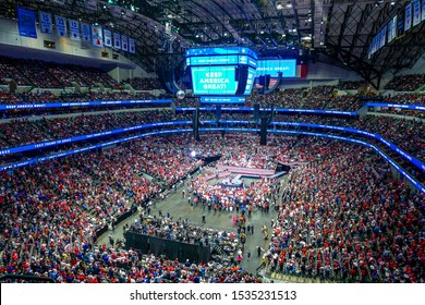 Dallas, TX / USA - OCT 17, 2019: Donald Trump Presidential Election Rally Crowd Inside American Airlines Center In Dallas, Texas