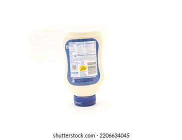 DALLAS, TX, USA-SEPT 26, 2022: Rear View Kraft Real Mayonnaise Creamy Smooth Squeeze Bottle Isolated On White Background. Kraft Heinz Company Is Third-largest Food Beverage Company In US