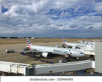 DALLAS, USA - DEC 3, 2016: American Airlines Aircraft at DFW - Dallas Fort Worth airport taxed at the gate