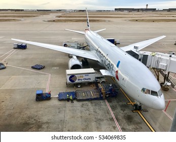 DALLAS, USA - DEC 3, 2016: American Airlines Aircraft at DFW - Dallas Fort Worth airport taxed at the gate