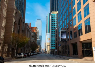 DALLAS, USA - DEC. 9, 2018: Elm Street Modern City View At North St. Paul Street With Bank Of America Plaza Building At 901 Main Street In Downtown Dallas, Texas TX, USA. 