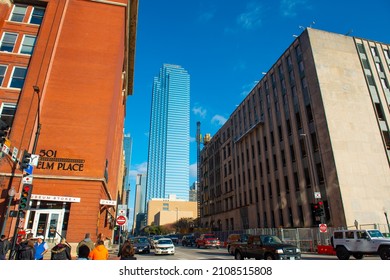 DALLAS, USA - DEC. 9, 2018: Elm Street Modern City View At Houston Street With Bank Of America Plaza Building At 901 Main Street In Downtown Dallas, Texas TX, USA. 