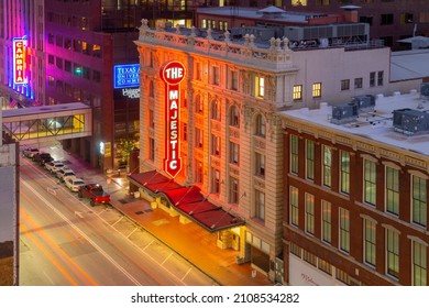 DALLAS, USA - DEC. 9, 2018: Majestic Theater At 1925 Elm Street At Night In Downtown Dallas, Texas TX, USA. 