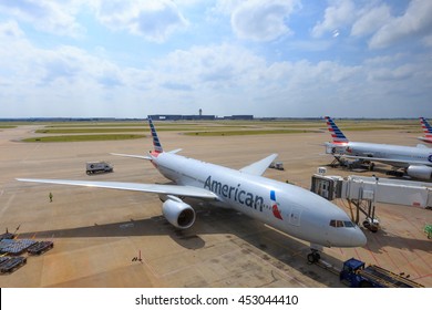 DALLAS, USA - JULY 4, 2016: American Airlines Boeing 777 at Dallas Fort Worth International airport before boarding passengers.
