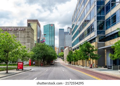 Dallas, USA - June 7, 2019: Downtown cityscape modern buildings streetscape in city near Klyde Warren park with sign for Museum of Art on north St. Paul Street