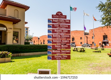 Dallas, USA, Sep 17, 2017, A road sign of sister cities of Fort worth, at the Fort Worth Stockyards, a historic district that is located in Fort Worth, Texas