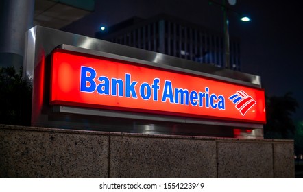 Dallas,Texas / USA - November 3 2019 : Bank of America sign in downtown during nighttime.