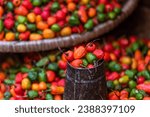 Dalle Khursani (round chili) also call Akbare khursani at Asan Bazar, Chittadhar Marg, Kathmandu, Nepal. Freshly harvested red ripe dalle chilies.  Asan Tole is a famous market street in the city of A