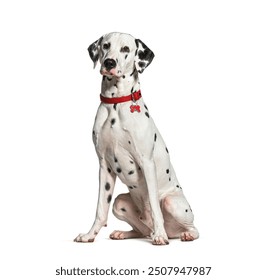 Dalmatian dog sitting and wearing a red collar isolated on white background - Powered by Shutterstock