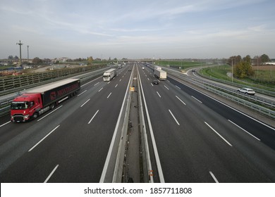 Dalmine, Bergamo, Italy: 10 November 2020:Highway Milan Venice regular traffic despite the lockdown in Lombardy. Dalmine, Italy.