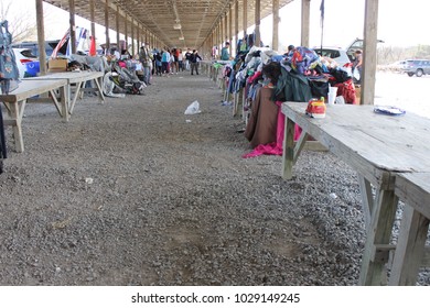 Dalton, GA USA 2/17/2018. Clothes At The Flea Market 