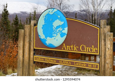 Dalton Highway, Alaska, United States - October 13, 2013: Sign Board For The Arctic Circle Along The Dalton Highway In Alaska