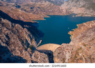 Dam Oymapinar Mountain Lake Water Reservoir Aerial Top View. Green Canyon Turkey, Manavgat.