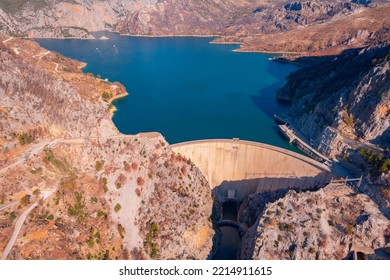 Dam Oymapinar Mountain Lake Water Reservoir Aerial Top View. Green Canyon Turkey, Manavgat.