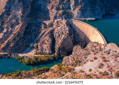 Dam Oymapinar Mountain Lake Water Reservoir Aerial Top View. Green Canyon Turkey, Manavgat.