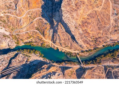 Dam Oymapinar Mountain Lake Water Reservoir Aerial Top View. Green Canyon Turkey, Manavgat.