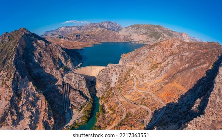 Dam Oymapinar Mountain Lake Water Reservoir Aerial Top View. Green Canyon Turkey, Manavgat.