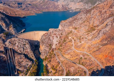 Dam Oymapinar Mountain Lake Water Reservoir Aerial Top View. Green Canyon Turkey, Manavgat.