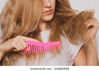 Damage, Dryness, Flakes And Fading Hair. Woman Shocked Because Her Hair Is Dull And She Want Fix Hair.